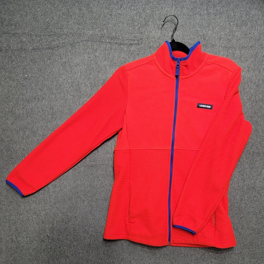 Lands End Grid Red Fleece Zip Front Jacket Sm Pockets Gorpcore Cabin Activewear